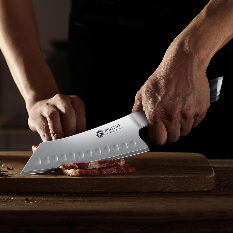 FINTISO 7 Inch Santoku Knife, Ultra Sharp Chef Knife with G10 Handle, High-End 5 Layers 10Cr15CoMoV Japanese Stainless Steel Kitchen Knife, Professional Cutting Knife for Vegetables and Meat - Image 5